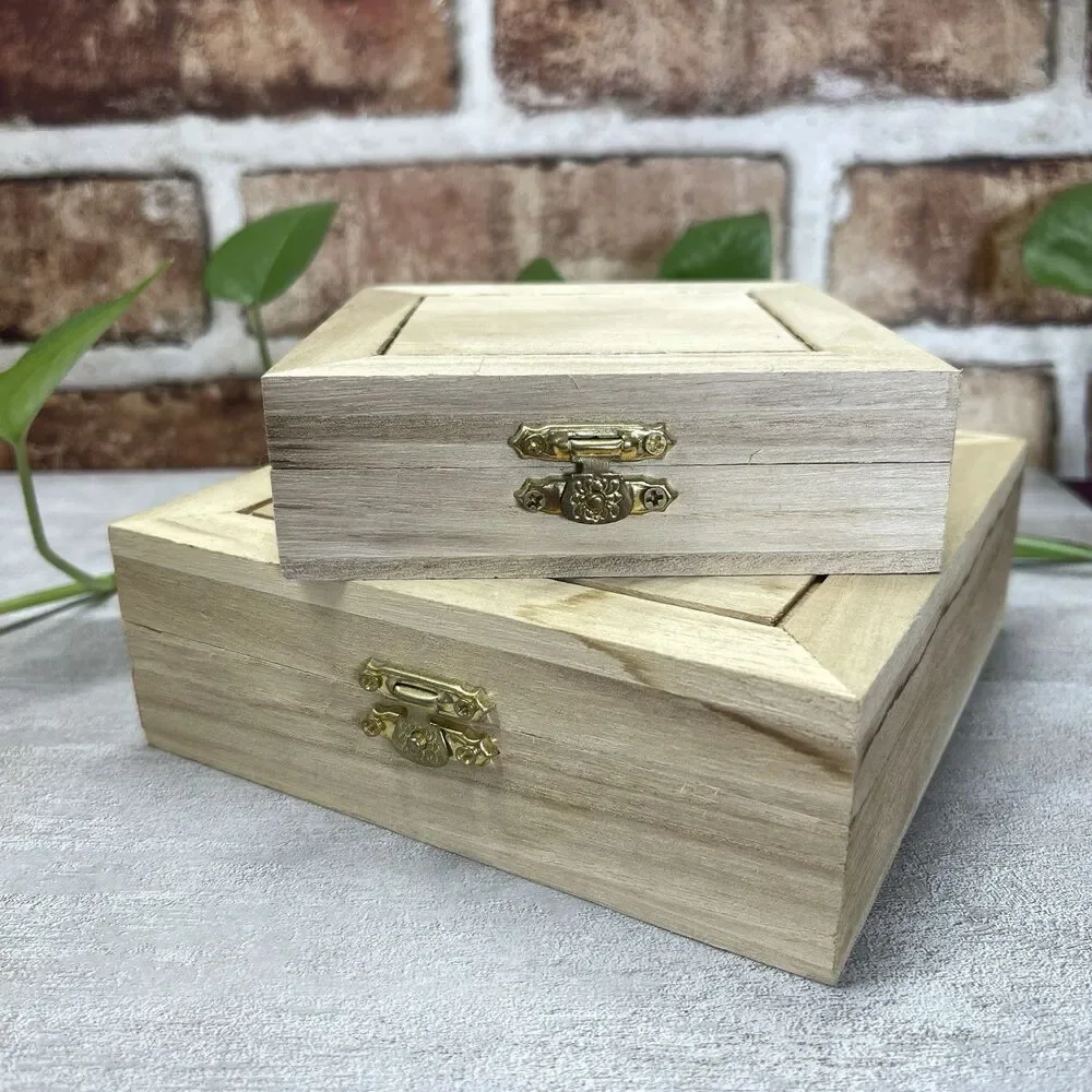 2Pcs Wooden Box Small & Medium Wood Box Unfinished Art Decor Project Storage
